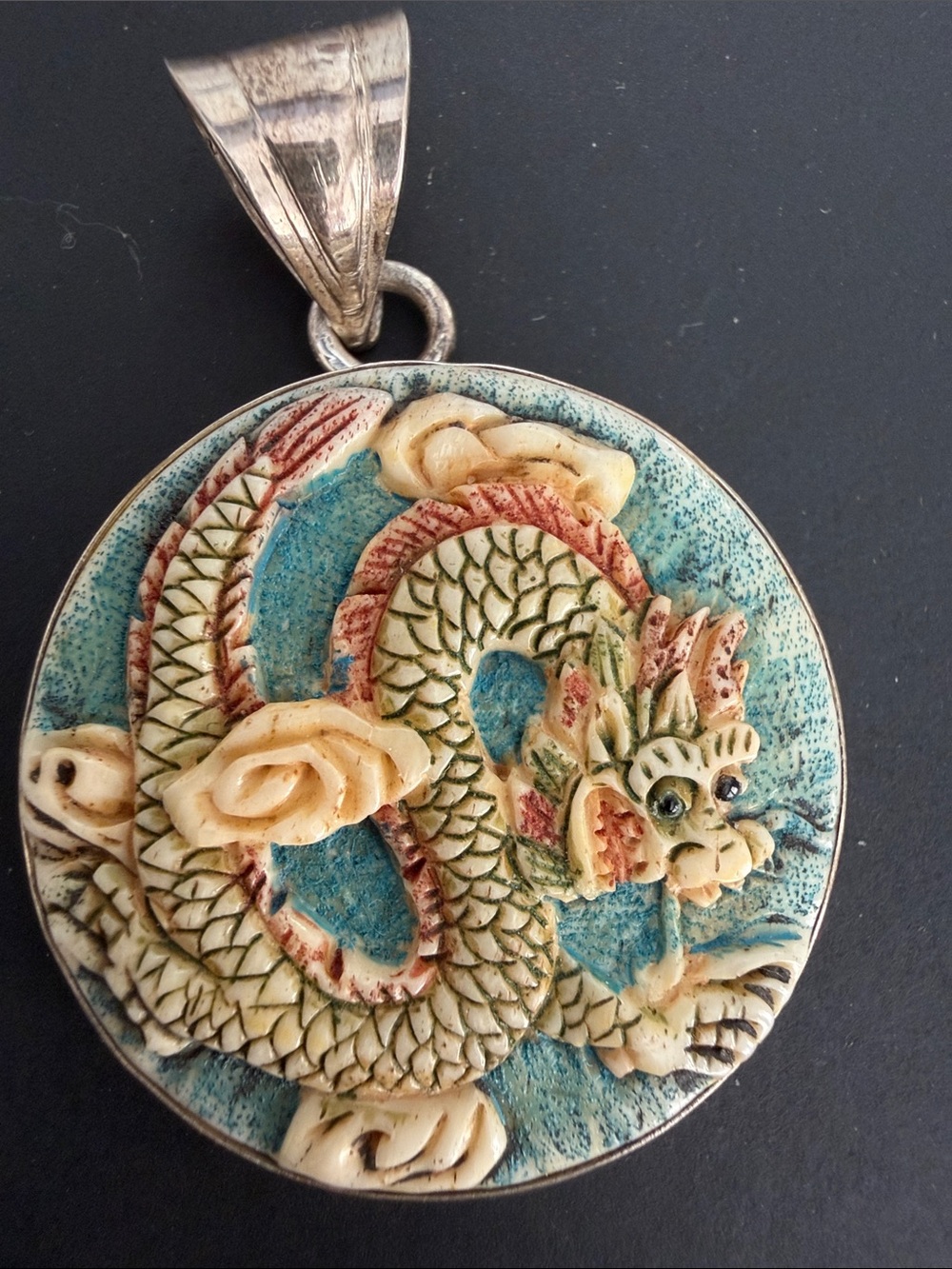 Vintage Chinese Carved Dragon Round Pendant in Turquoise and Ivory Tones